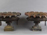 une paire d'urnes anciennes en fonte posées sur des socles, sur fond blanc