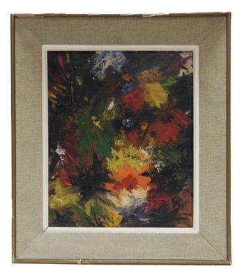 a painting of flowers in a vase on a white background