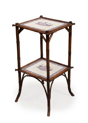 an image of a bamboo table with a tile top on a white background