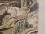 a picture of a painting of a group of people riding on a train