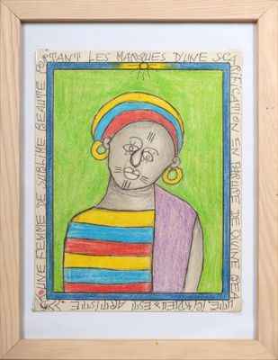 painting of a woman with a colorful headdress in a wooden frame