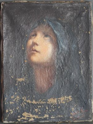 un vieux tableau représentant une femme portant un voile sur la tête