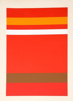 une image représentant une peinture à rayures rouges et marron sur un mur blanc