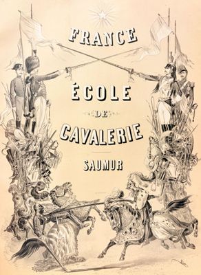 la couverture d'un vieux livre sur laquelle figure le dessin d'un groupe d'hommes à cheval