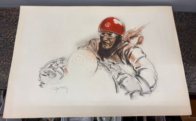 dessin représentant un joueur de baseball portant un casque et des gants rouges