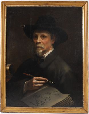 a painting of a man with a hat holding a pen and paper
