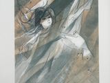 painting of a woman flying with a bird in her hand
