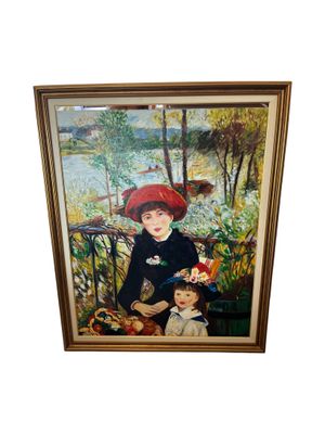 painting of a woman with a child sitting on a bench in a garden