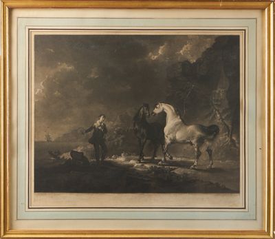 tableau représentant un homme et un cheval dans un paysage, avec un chien