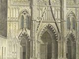 a drawing of a man riding a horse in front of a cathedral