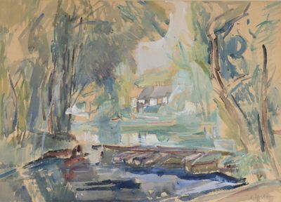 une aquarelle représentant une rivière avec des bateaux