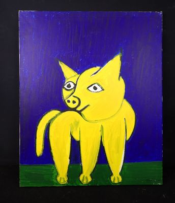 tableau représentant un chat jaune sur fond bleu, avec de l'herbe verte
