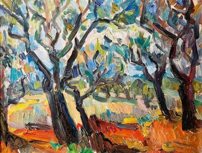 une peinture à l'huile représentant un groupe d'arbres dans un champ