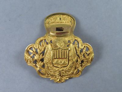 a close up of a badge on a white surface