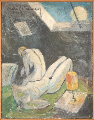 une peinture à l'huile représentant un homme assis sur un lit, à côté d'une lampe