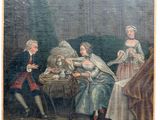 an old painting of a group of people sitting around a table