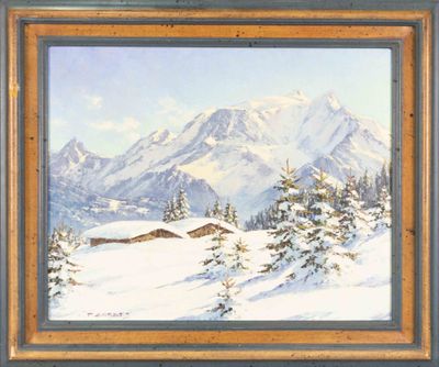 painting of a snowy mountain scene with a cabin in the foreground
