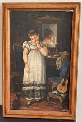 un tableau représentant une femme debout devant un miroir