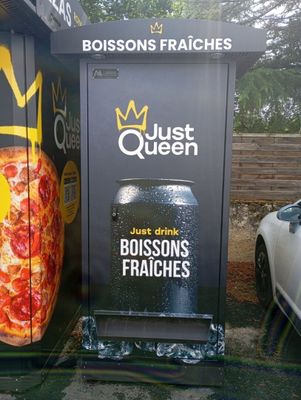 une poubelle sur laquelle est posée une pizza, à côté d'une autre poubelle