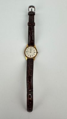 une image d'une montre sur une surface blanche avec un bracelet marron