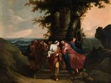 an image of a painting of a man carrying a woman on his back