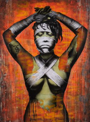 a painting of a woman with bandages wrapped around her head