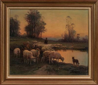 a painting of a painting of sheep and a dog by the water
