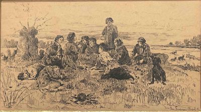 dessin représentant un groupe de personnes assises dans un champ avec un chien