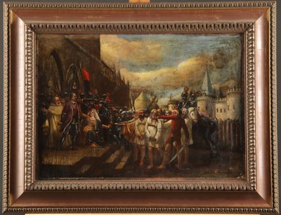 an oil painting of a group of men standing in front of a building