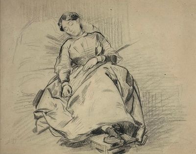 drawing of a woman in a dress sitting on a chair