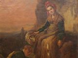 an oil painting of a woman sitting on a rock with a child