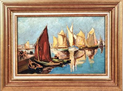 painting of boats in a harbor with a man standing on the dock