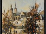 an image of a painting of a city with a church in the background