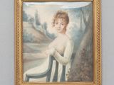 tableau représentant une femme assise sur une chaise devant un arbre