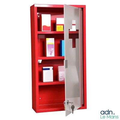 une image représentant une armoire métallique rouge dont la porte est ouverte