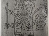 une image représentant un dessin d'un homme tenant un couteau et une horloge
