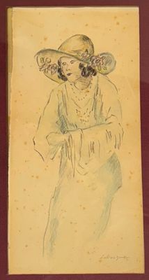 dessin d'une femme coiffée d'un chapeau et vêtue d'une robe, dans un cadre