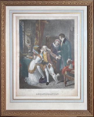 an old painting of a man and a woman sitting in a room