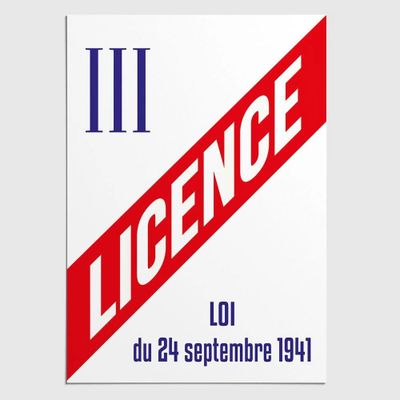 une affiche blanche ornée d'une bande rouge et bleue