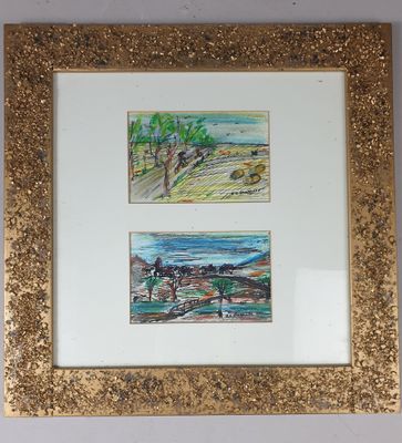 two framed pictures of horses and a man on a beach