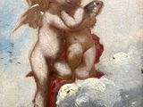 an old painting of two angels on a cloud with a bird in their hand