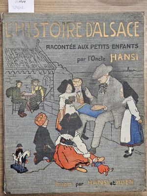 an old book with a picture of a man and two children playing with a dog
