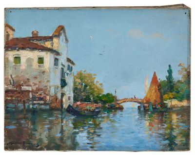 tableau représentant un canal avec des bateaux et des bâtiments en arrière-plan