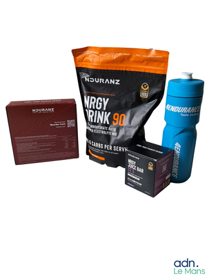 a bag of energy drink, a bottle of water, and a package of energy drink