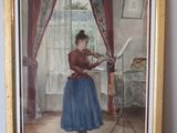 painting of a woman in a blue dress standing in front of a window