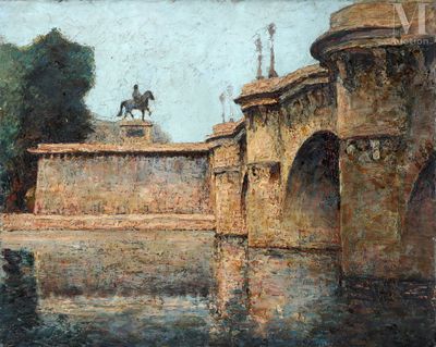 tableau représentant un homme à cheval traversant un pont au-dessus de l'eau