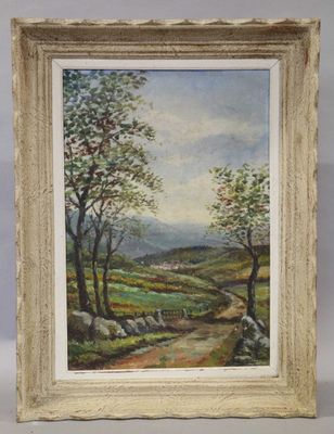 a painting of a landscape with trees and a road in the foreground