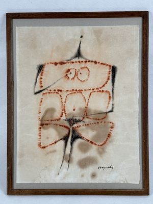 painting of a red and black flower on a white background
