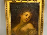 an old painting of a woman in a gold frame on a white background