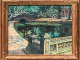 an oil painting of a bridge over a pond with trees in the background